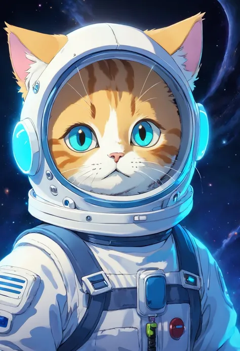 Cat-shaped alien、Coat color is neon blue、Eye color is yellow、Wearing a white spacesuit