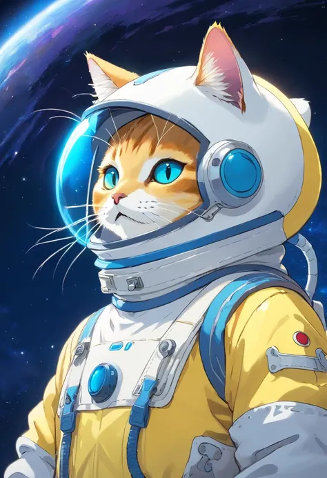 Cat-shaped alien、Coat color is neon blue、Eye color is yellow、Wearing a white spacesuit