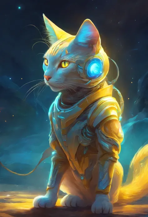 Cat-shaped alien、Coat color is neon blue、Eye color is yellow、Wearing a white spacesuit