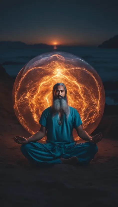 35 year old middle aged asian man，Long whit hair，long beard，Holding a glowing sphere in both hands，staring directly at camera，Cross-legged meditate, at centre，Clear facial features，Very bright colors, light Particle, with light glowing, Mushiv, Wallpaper A...