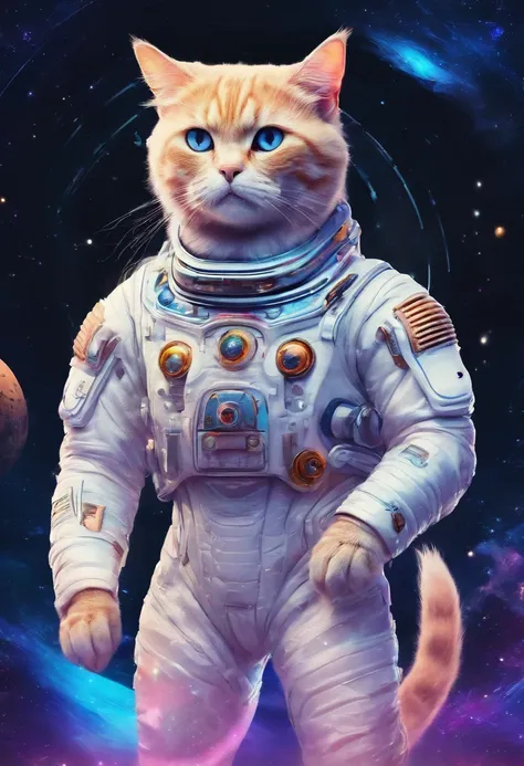 Cat-shaped alien、Coat color is neon blue、Eye color is yellow、Wearing a white spacesuit