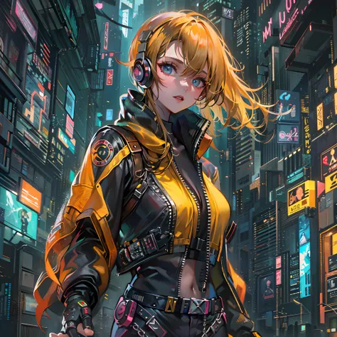 obra-prima, alta qualidade, highres, absurdres, detalhe fino, ray tracking, manga, anime coloring, cyberpunk, cyberpunk edgerunners, 1cyber girl, cabelo curto, casaco amarelo, roupas soltas, sentado, estrada, gate, cidade, arte por Edward John Poynter