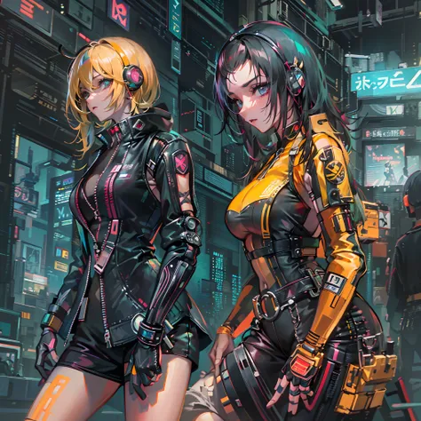 obra-prima, alta qualidade, highres, absurdres, detalhe fino, ray tracking, manga, anime coloring, cyberpunk, cyberpunk edgerunners, 1cyber girl, cabelo curto, casaco amarelo, roupas soltas, sentado, estrada, gate, cidade, arte por Edward John Poynter