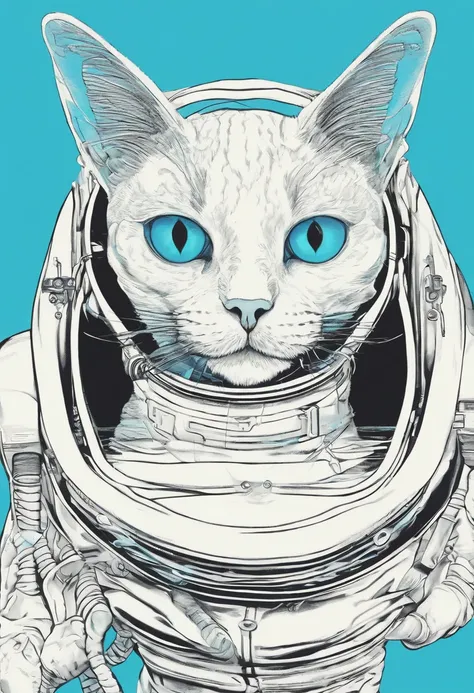 Cat-shaped alien、Coat color is neon blue、Eye color is yellow、Wearing a white spacesuit