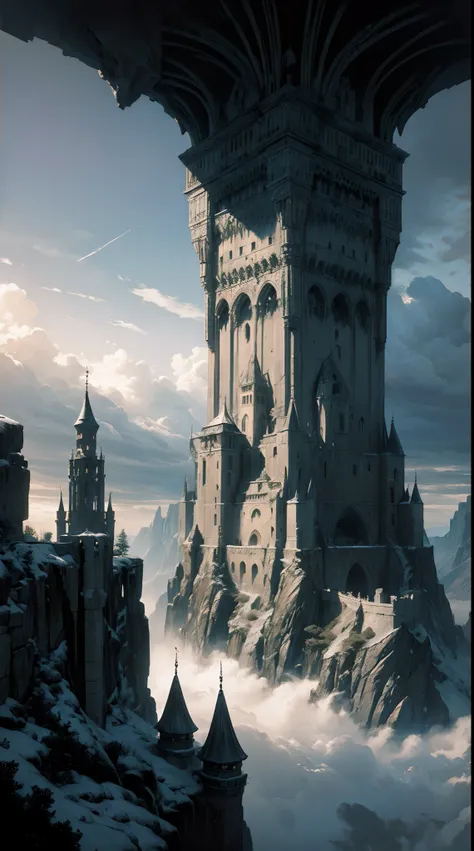 methurlant, cliffs and canyons made of castles, claustrophobia, intricate, adventure, sky is blocked by tall castles, surreal, gritty, atmospheric, cinematic, stylized, contrast, eerie, fantasy, medieval, highly detailed,