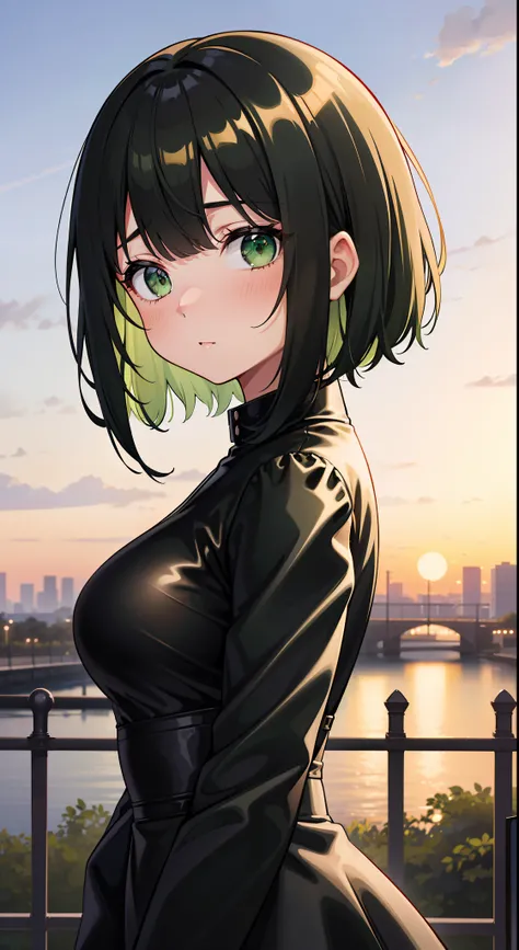 1 girl, outdoors,((split-color hair, black hair, green hair,)) green eyes, black dress, latex, surprised ,high quality, masterpiece, high res,short hair, orange sky, dusk, dawn, bangs over one eye,(black hair), embarrassed, facing viewer