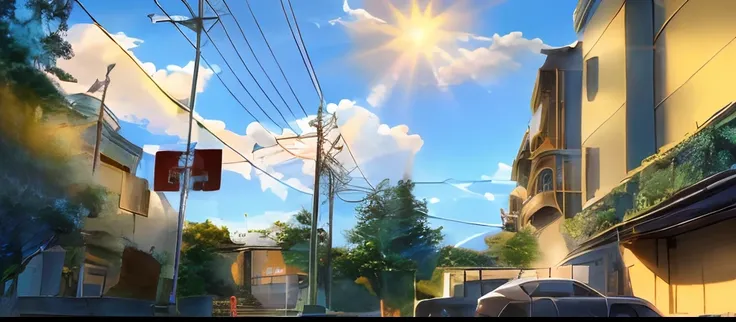 (Best quality,4K,8K,A high resolution,Masterpiece:1.2),Anime style,Beautiful detail building,the Sun Shining,,Beautiful street view，Warm tones，with soft colors