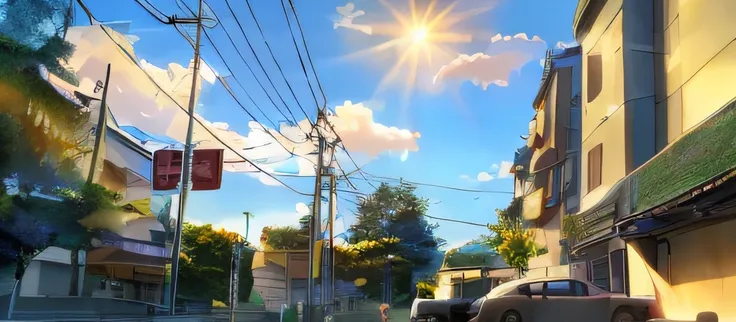 (Best quality,4K,8K,A high resolution,Masterpiece:1.2),Anime style,Beautiful detail building,the Sun Shining,,Beautiful street view，Warm tones，with soft colors