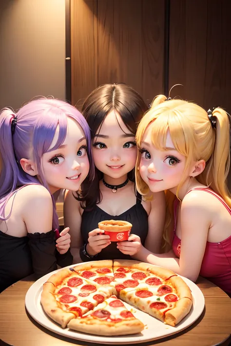 "(best quality,highres,masterpiece:1.2),3 cute girls eating pizza happily,smiling,beautiful girls,chibi trio,big heads,super deformed,adorable,pizza and juice on the table,delicious-looking pizza and juice,fun,pizza party,party decorations in the backgroun...