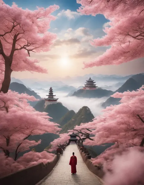 ((masutepiece))，(Best Quality))，china style，In the sky, The clouds form a huge transparent and shining white jade Maitreya statue，Thick clouds，sun shining，Pilgrims on the road，Hyper-realistic，Ultra photo realsisim，Pink，8K，High Definition，high quarity，Works...