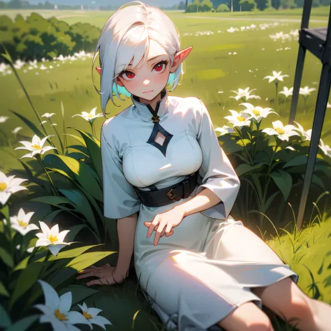 1girl, short white hair, red eyes, pointed ears, white dress, medium breast, expectant look, alone, sitting on the grass, best quality, masterpiece, portrait, nature background, looking at the camera, from the front, 1result, vibrant, detailed , perfect an...