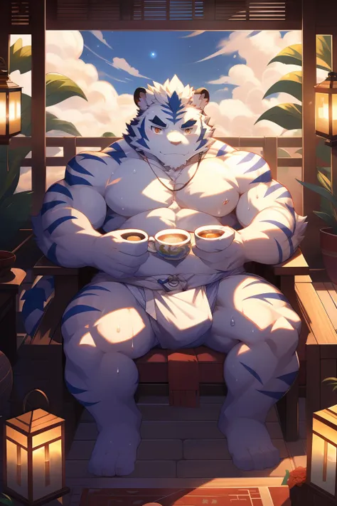 tmasterpiece，the night，Anthropomorphic white tiger，male people，26 year old，Thick eyebrows，Light blue fur，Strong body，large pecs，bare full body，white fundoshi，medium bulge，Recline on a lounge chair，Drinking tea，There are mooncakes next to it，open air，fog at...