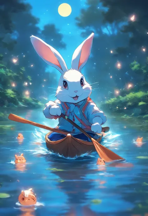 natta，themoon，Anthropomorphic rabbit rowing in the river