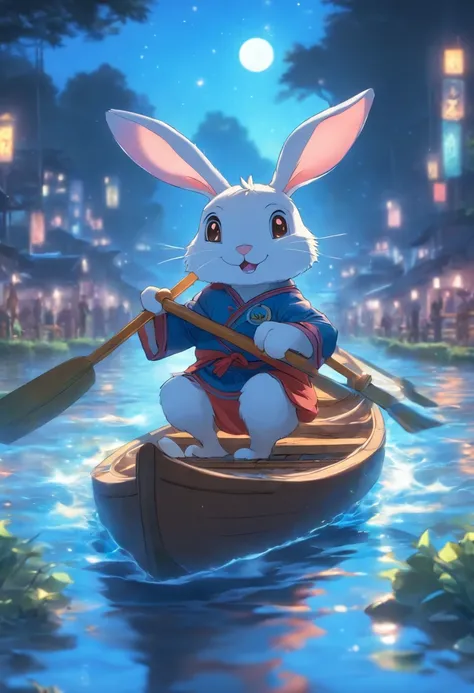 natta，themoon，Anthropomorphic rabbit rowing in the river