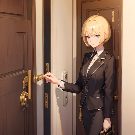 1girll，(short blonde hair:1.6)，Business suit，Skirt that wraps hips，black short socks，Mature and beautiful and sexy，Rich and noble families，In the corridor of the villa，(Knocking on the door:2)，facing away from the audience，seductive, Ultra-detailed CG，Exqu...