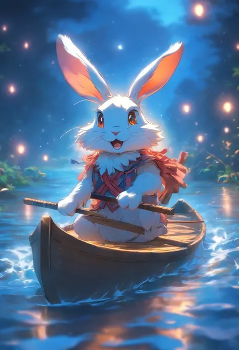 natta，themoon，Anthropomorphic rabbit rowing in the river