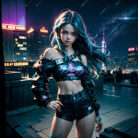 (masterpiece), best quality, ultra high res,little girl, cyberpunk 1girl flying above stunning cityscape ,hoodie,blue hair,  neon color shooting stars, very long hair, off shoulder, feather hair ornament, neon colors, flashes, stunning night sky, cinematic...