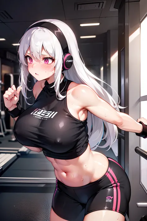 gym, exersice, hot, sweating, sweaty, big boobs, lifting, flustered, blush, black clothes, white hair, long hair, headphones, headset, lean body, sexy body, white hair, in pain, treadmill, running on treadmill, sprinting, sprinting on treadmill, pink headb...