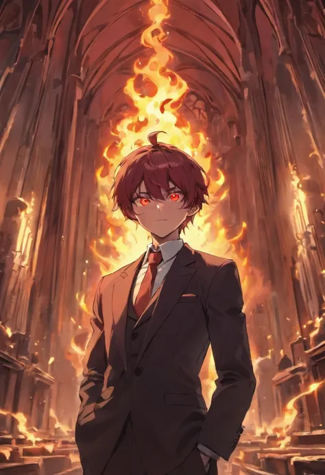 red glowing eyes, dark and sinister aura, smoking cigar, dressed in a sharp tailored suit, surrounded by flames and shadows, standing in a gothic cathedral, with flickering candlelight, eerie atmosphere