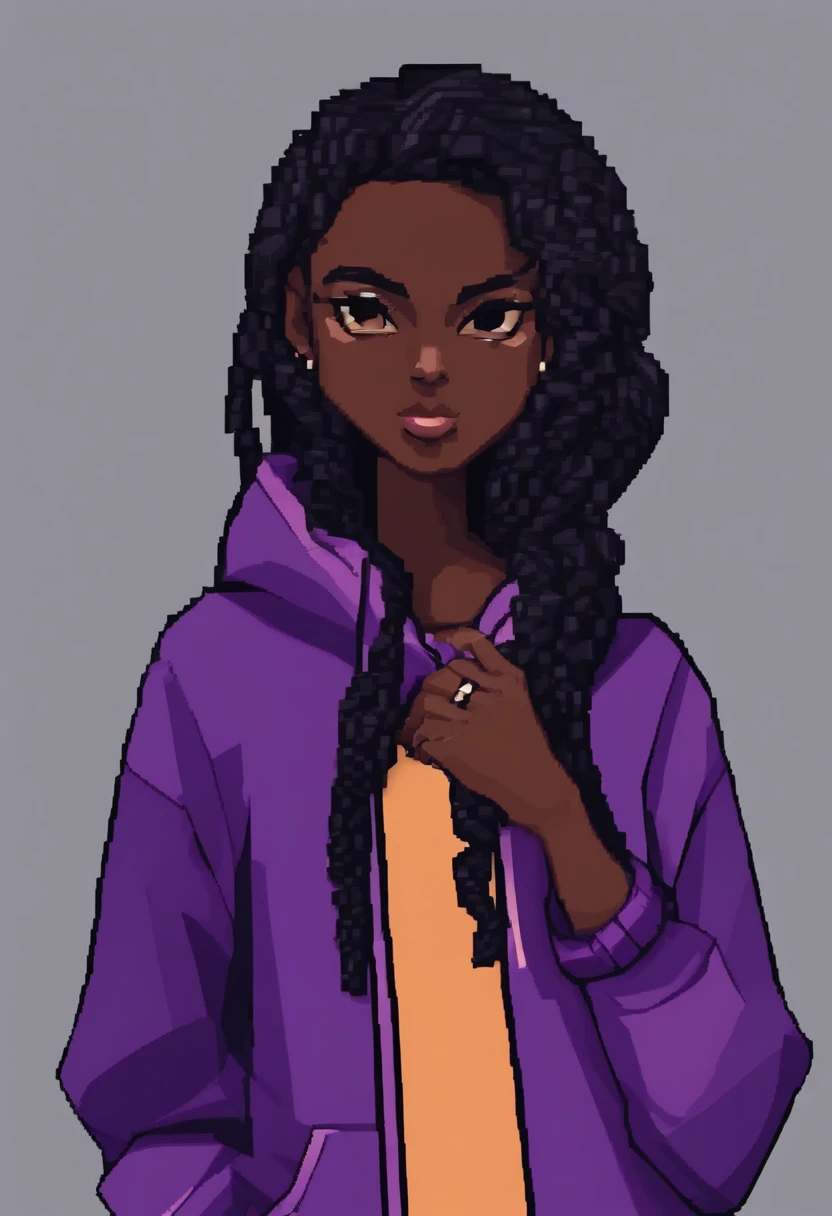 Pixel art. dark skin girl with black wavy long hair wearing purple hoodie. 3d pixel art 4k wallpaper. Incredible pixel art details. Pixel art.