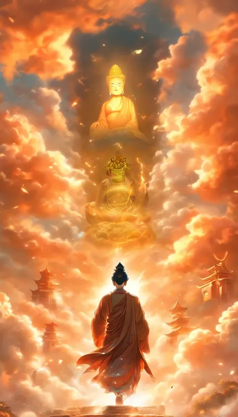 ((masutepiece))，(Best Quality))，china style，In the sky, Clouds form a huge Maitreya Buddha image，Staring at the Earth，Standing Buddha，with light glowing，glow effect，Pilgrims on the road，Hyper-realistic，Ultra photo realsisim，Real Photographics，8K，High Defin...