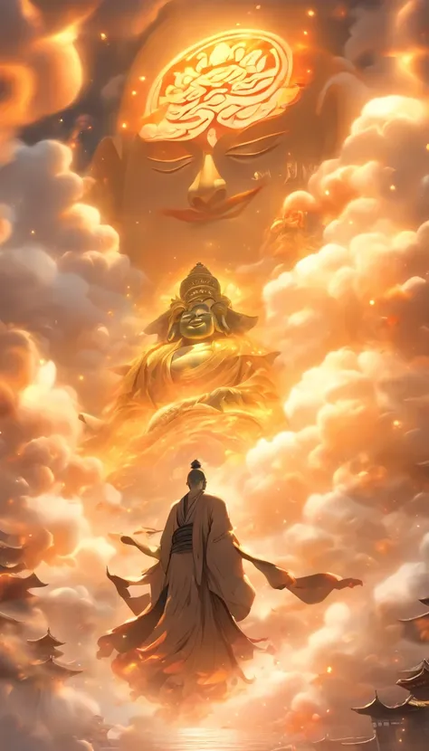 ((masutepiece))，(Best Quality))，china style，In the sky, Clouds form a huge Maitreya Buddha image，Staring at the Earth，Standing Buddha，with light glowing，glow effect，Pilgrims on the road，Hyper-realistic，Ultra photo realsisim，Real Photographics，8K，High Defin...