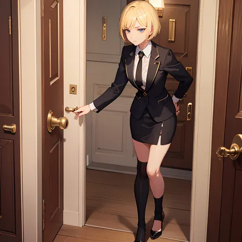 1girll，(short blonde hair:1.6)，Business suit，Skirt that wraps hips，black short socks，Mature and beautiful and sexy，Rich and noble families，In the corridor of the villa，(Knocking on the door:2)，facing away from the audience，seductive, Ultra-detailed CG，Exqu...