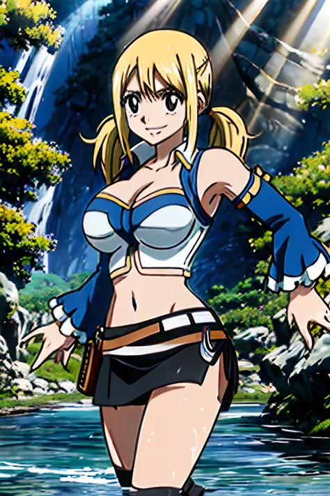 asterpiece, best quality, highres, lucy heartfilia, blonde hair, twintails, large breasts, black thighhighs, detached sleeves, midriff, cropped vest, strapless, belt, black skirt, cowboy shot, outdoors, kicking, smile,  light rays, water splash, wet clothe...