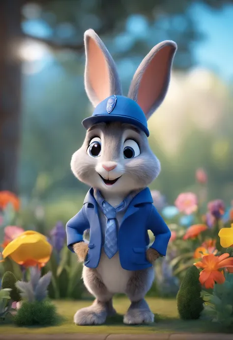 rabbit wearing a blue hat and blue coat, white and grey fur, zootopia style