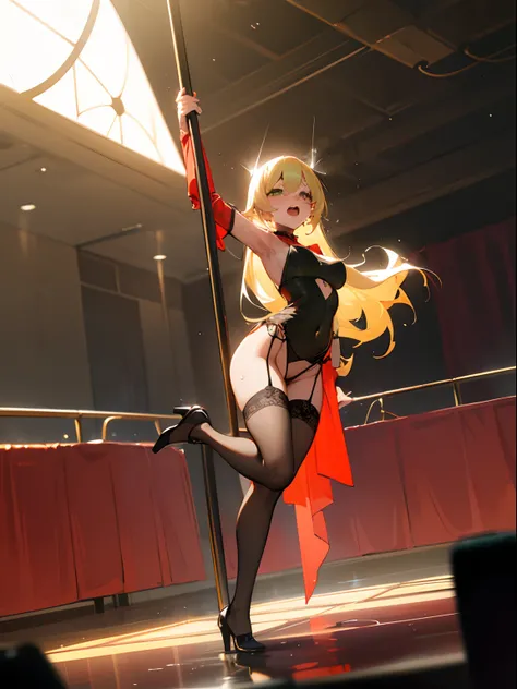 NSFW,​masterpiece,top-quality,Underground clubhouse,murky,on a stage,The audience is watching,Blonde girl doing sexy pole dancing,The pole is caught between the legs,The long-haired,Hair flutters,Green eyes,Breasts are protruding、Navel Ejection、sexy red dr...