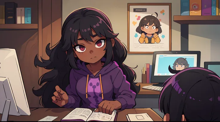 ((best quality, masterpiece)), 
Dark-skinned girl with black wavy hair wearing purple hoodie, black pants