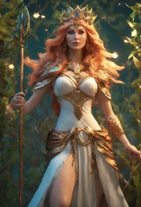 ultra detailed druid goddess with a crown made out of pure light, kind-hearted with a penetrating gaze, golden glow, extremely detailed and beautiful face, gorgeous body, soft copper-colored hair, she wears druid armor, ethereal, magical glow, fantasy art ...