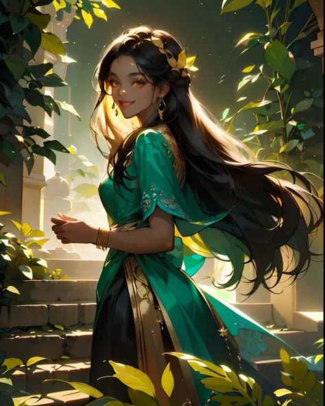 oil paiting, (woman, dark skin, gold_eyes, black long hair, in green luxury_dress, blue and gold jewelry, locking at viewer, sidelocks, smiling), (botanical, stair, leaf, flower background), (intricate, Cinematic lighting, glowing, dramatic lighting, beaut...