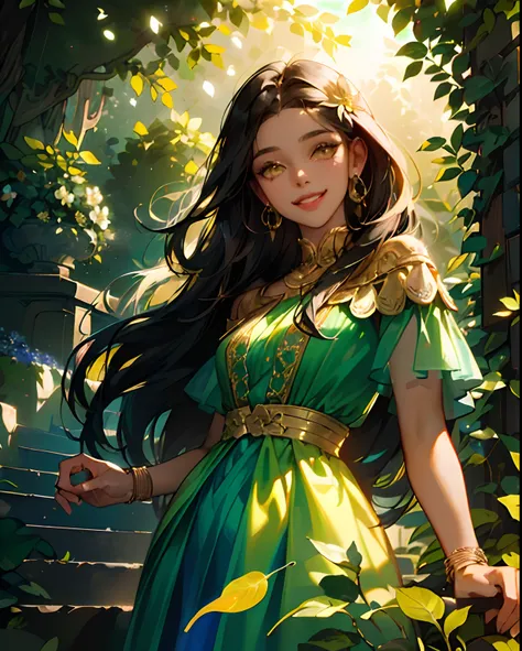 oil paiting, (woman, dark skin, gold_eyes, black long hair, in green luxury_dress, blue and gold jewelry, locking at viewer, sidelocks, smiling), (botanical, stair, leaf, flower background), (intricate, Cinematic lighting, glowing, dramatic lighting, beaut...