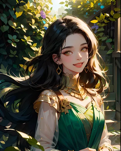 oil paiting, (woman, dark skin, gold_eyes, black long hair, in green luxury_dress, blue and gold jewelry, locking at viewer, sidelocks, smiling), (botanical, stair, leaf, flower background), (intricate, Cinematic lighting, glowing, dramatic lighting, beaut...