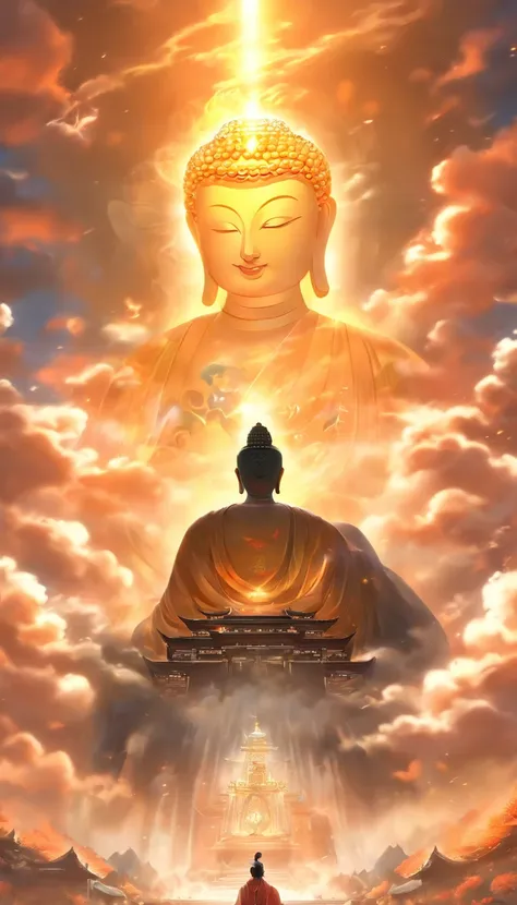 ((masterpiece))，(Best Quality))，china style，In the sky, Clouds form a huge Maitreya Buddha image，Staring at the Earth，Standing Buddha，with light glowing，glow effect，Pilgrims on the road，Hyper-realistic，Ultra photo realism，Real Photo graphics，8K，High Defini...