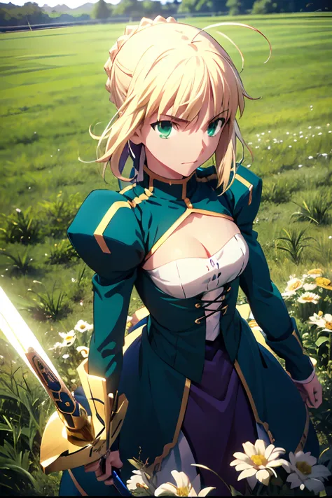 masterpiece, best quality, highres, bbsaber, green eyes, ahoge, field, standing, sword, excalibur \(fate/stay night\), outdoors,...