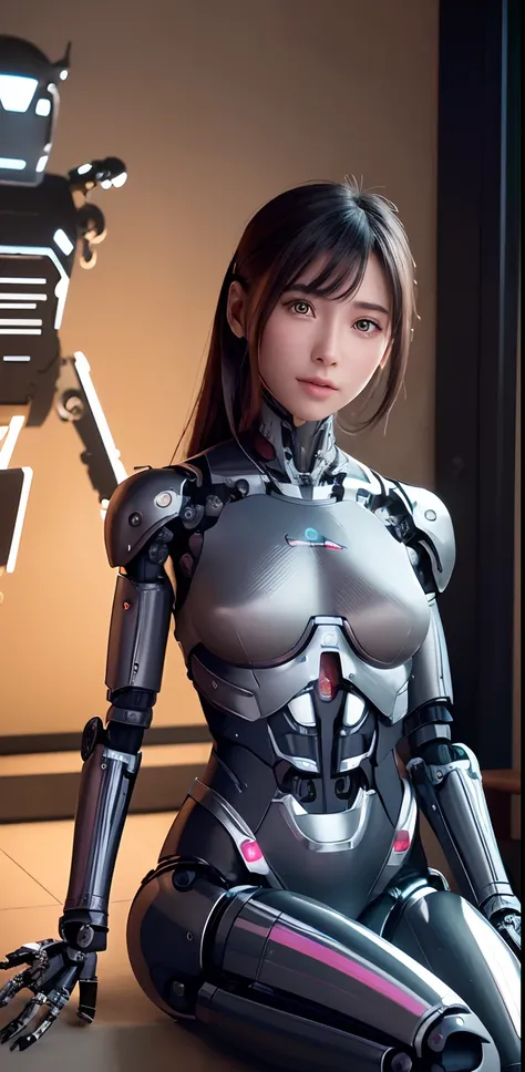 top-quality、​masterpiece、超A high resolution、(Photorealsitic:1.4)、((a beauty girl:1.6)), 1 full-body cyborg girl、sixteen years old、NOhumans、((The skin part is only the face)), Luminous Eyes、((Lots of split metal chest protectors)), Metal Robot、((The whole b...