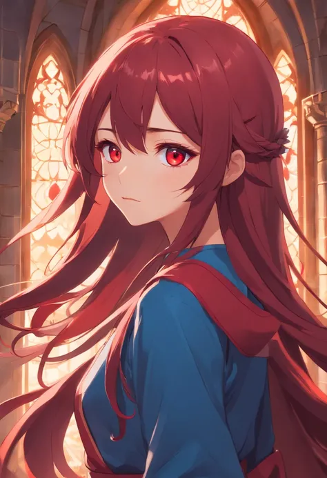 red color eyes，Claret long hair，magia，Castle fantasy，Blue clothes, Ultra photo realsisim, Castle，hair adornments，The upper part of the body