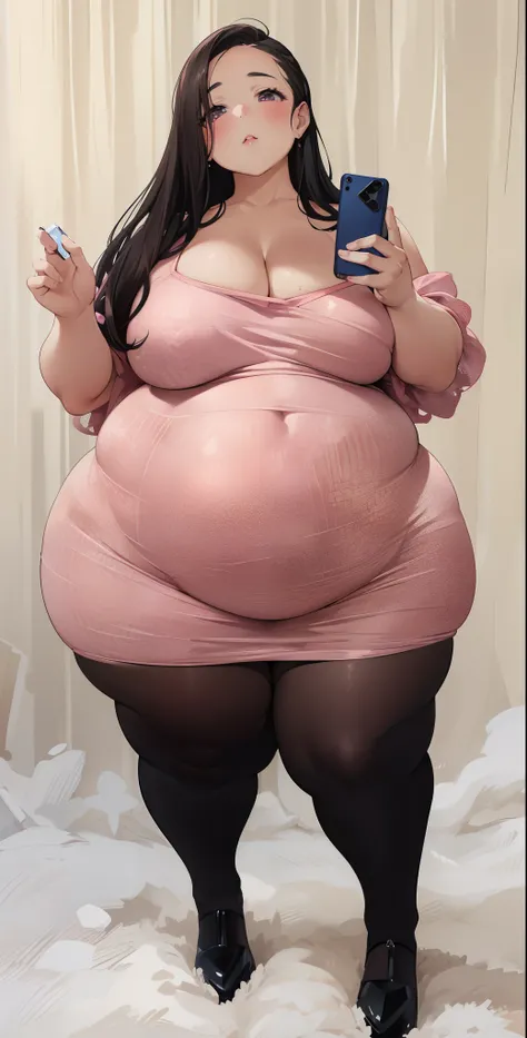 araffe woman in a pink dress taking a selfie with her cell phone, she has a jiggly fat round belly, hyperrealistic full figure, thicc, bbwchan, her belly is fat and round, thick body, heavy detailed, full body portrait of a short!, beautiful thick female, ...