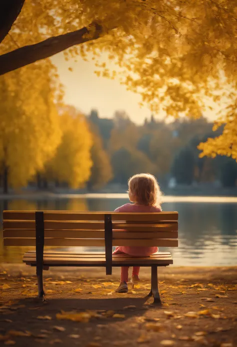 painting little girl sit on chair in park side a lake and after is yellow tree lane