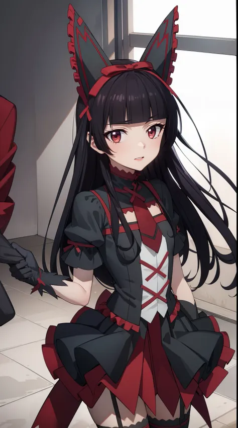 rory mercury, rory mercury, black  hair, blunt bangs, hime cut, hair ornament, red lipstick, hairlong, cute face, makeup, (small...