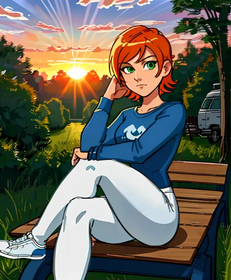 [gwen_tennyson], ((masterpiece)), ((high quality)), ((HD)), ((solo portrait)), ((beautiful 2D art)), ((detailed shading)), ((intricate details)), {orange hair, (cute green eyes), short hair, short eyelashes, small boobs, (beautiful legs), (expressionless)}...