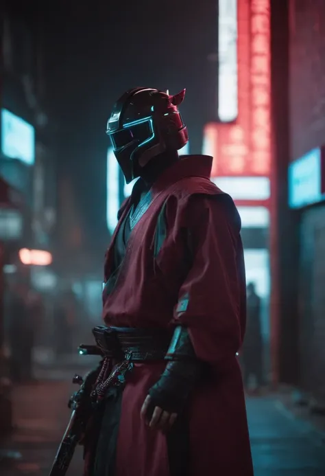 In a neon-drenched alley of a cyberpunk city, a lone cyber-samurai stands beneath flickering holographic billboards. Their crimson cyberware gleams, and a holographic katana hums with energy as they prepare for a duel with an unseen adversary