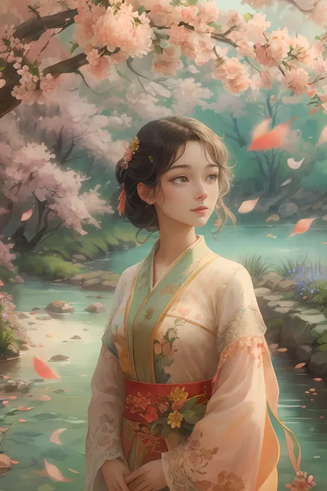 A girl standing in a beautiful garden, Surrounded by vibrant peach blossoms and peach petals floating in the air. The scenery is picturesque, A tranquil river flows beside the winding road. The girl has charming and delicate eyes. Her lips are also beautif...