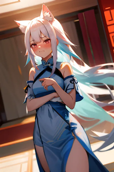 One girl with long hair, white hair, looking away, embarrassed, blushing, mouth small open, indoor, chinese dress, thigh , cat ears, cat tails