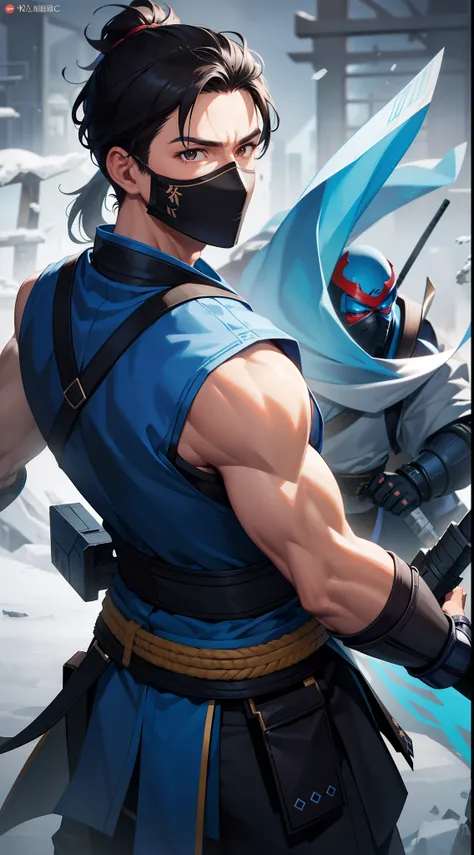 Grown-up guy, short black hair, high ponytail, Brown eyes, mask, blue shinobi kimono, Sleeveless, Sub-Zero, Cold, ice, blizzard, Battle-ax, Masterpiece, hiquality, 4k, HD, Good detail