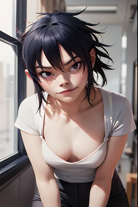 (masterpiece, best quality:1.2),  noodle (gorillaz), black hair, 1girl, black eyes, bangs,  parted lips, breasts, small breasts,  bob cut, absurdres, highres, 4k, ray tracing, perfect face, perfect eyes, intricate details, highly detailed, top-quality, (ma...