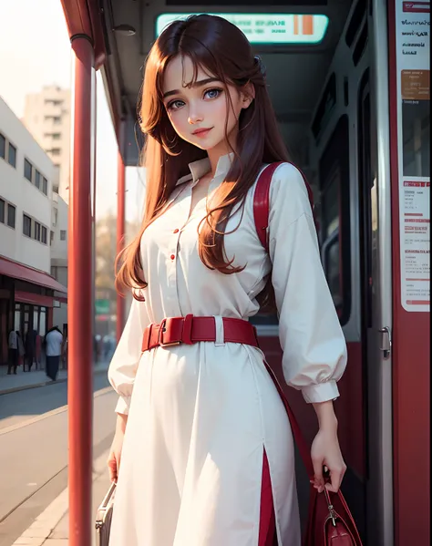 Cute girl blue eyes, long brown hairs, smooth face, white shalwar and kameez, a red belt on her kameez,red lipstick, beautiful hair style ,smile on face, standing and a bus station behind her