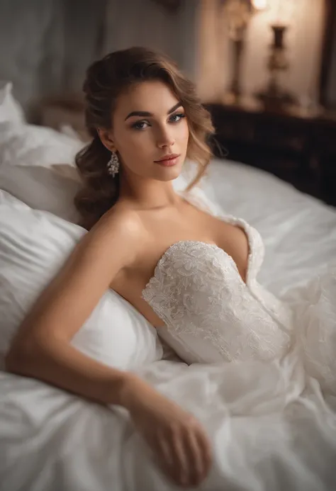 beautifull Woman 19 years old, wearing sexy formal outfit laying on bed, view from above, detailed, hd, realistic, bright, updo